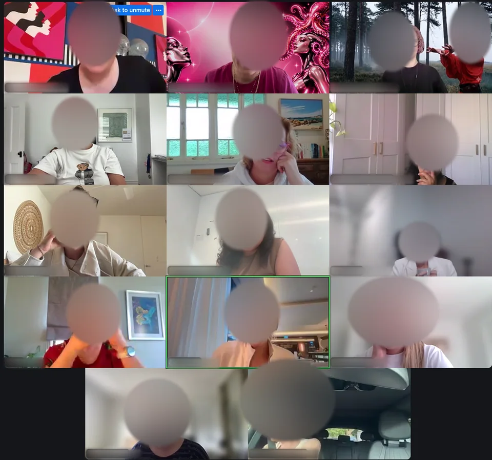 A real online learning session with faces and name labels blurred for privacy.